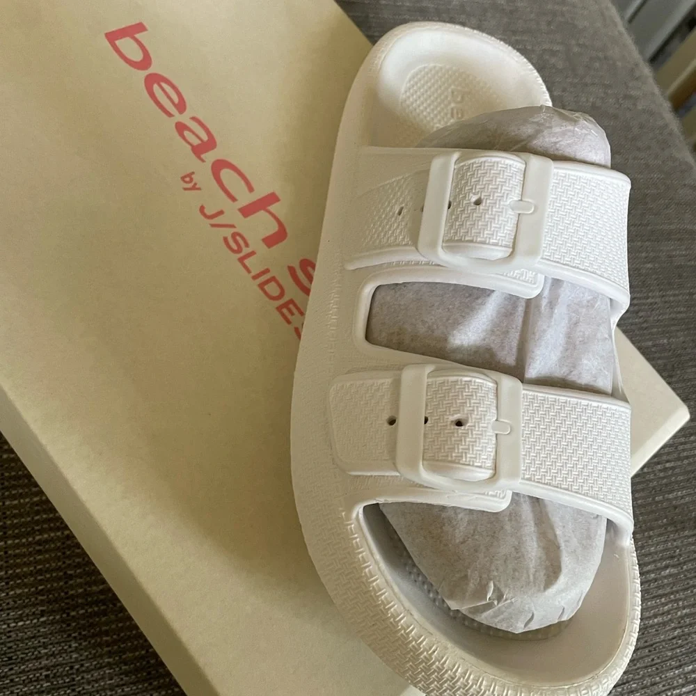J/SLIDES White Double Buckle Sandals - Picture 1 of 3